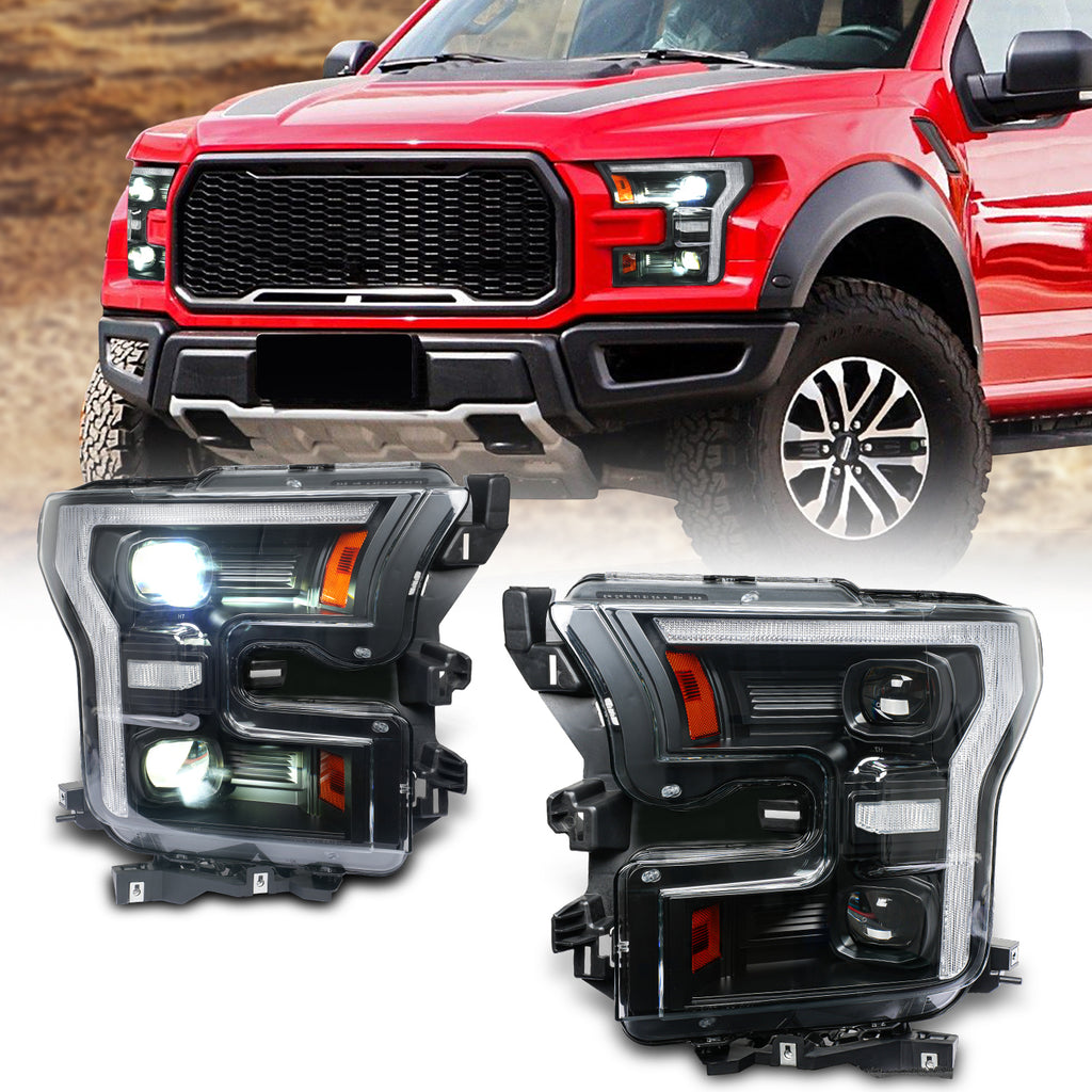 For Ford Raptor F-150 LED Dual Beam Projector Headlights 2015–2020 Sequential Turn Signal Plug and Play