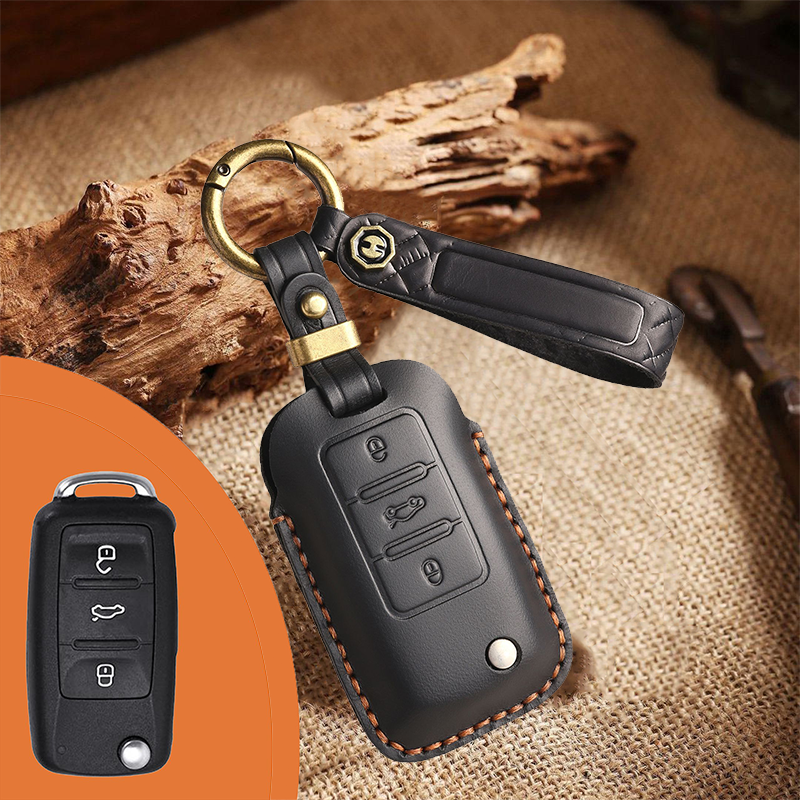 Genuine Leather Key Fob Cover for Volkswagen & Skoda – 3-5 Button Flip Key Pouch with Key Ring & Hook