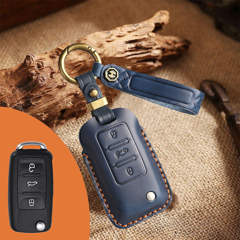 Genuine Leather Key Fob Cover for Volkswagen & Skoda – 3-5 Button Flip Key Pouch with Key Ring & Hook