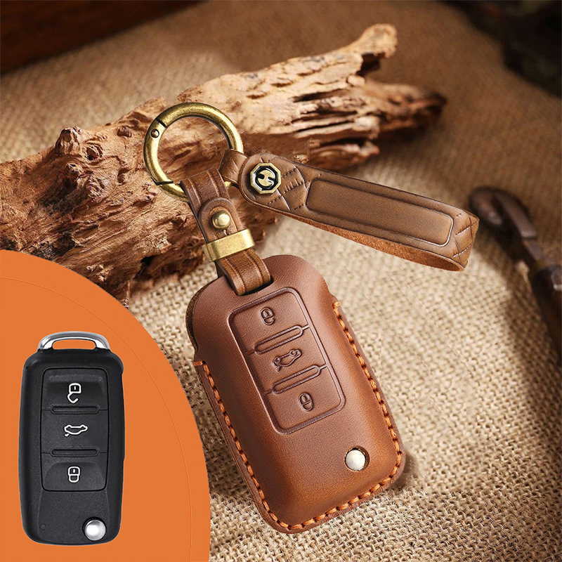 Genuine Leather Key Fob Cover for Volkswagen & Skoda – 3-5 Button Flip Key Pouch with Key Ring & Hook