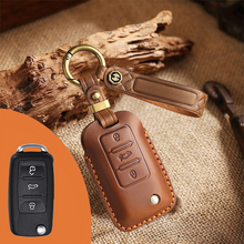 Load image into Gallery viewer, Genuine Leather Key Fob Cover for Volkswagen &amp; Skoda – 3-5 Button Flip Key Pouch with Key Ring &amp; Hook