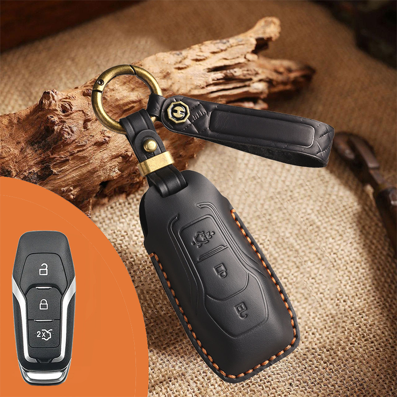 Genuine Leather Key Fob Case for Ford & Lincoln – 3-5 Button Car Key Pouch with Key Ring & Hook