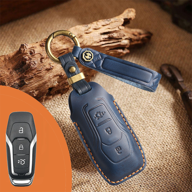 Genuine Leather Key Fob Case for Ford & Lincoln – 3-5 Button Car Key Pouch with Key Ring & Hook