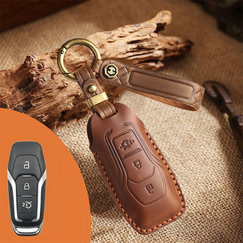Genuine Leather Key Fob Case for Ford & Lincoln – 3-5 Button Car Key Pouch with Key Ring & Hook