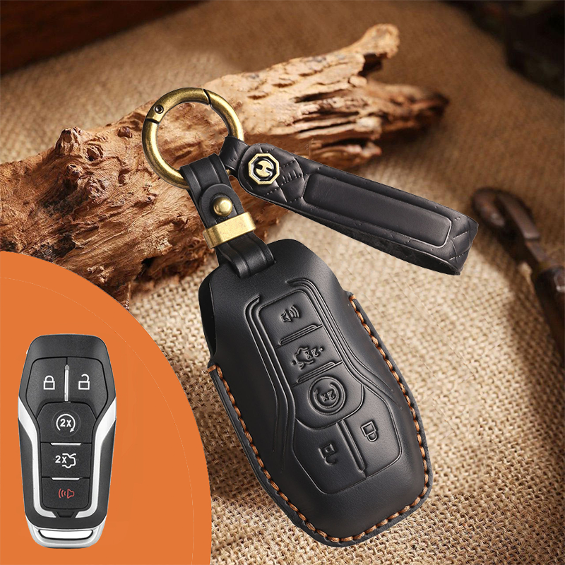 Genuine Leather Key Fob Case for Ford & Lincoln – 3-5 Button Car Key Pouch with Key Ring & Hook