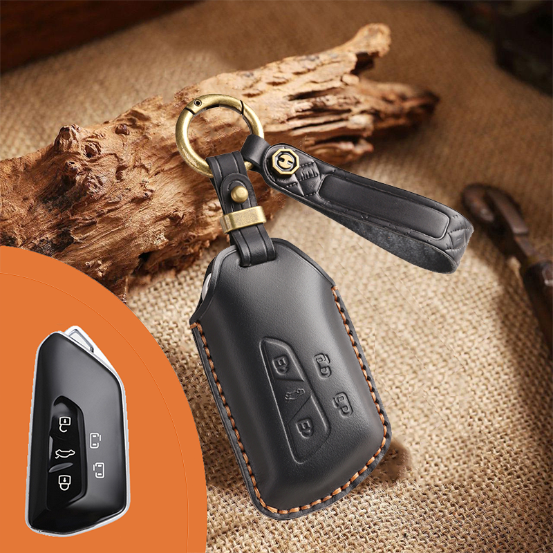 Genuine Leather Key Fob Cover for Volkswagen & Skoda – 3-5 Button Flip Key Pouch with Key Ring & Hook