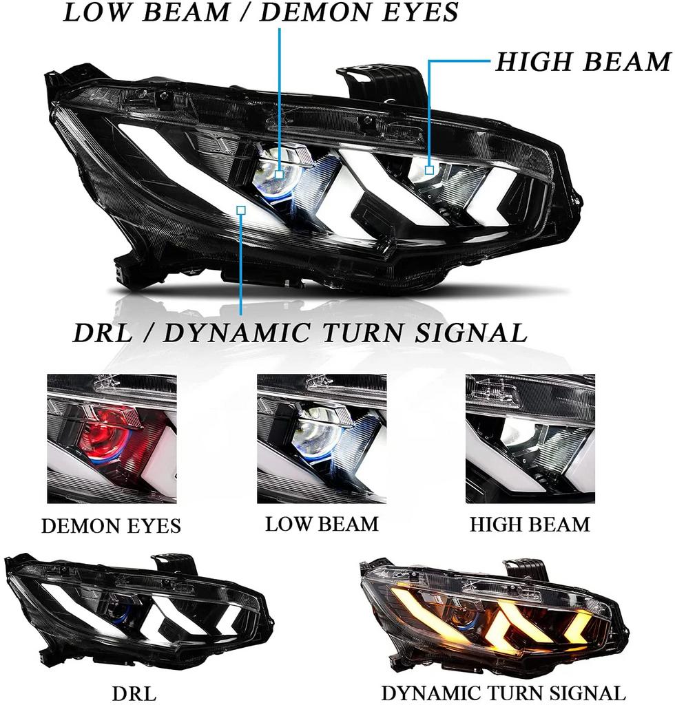 Demon Eye LED Headlights for 2016-2021 Honda Civic 10th Gen Projector Front Lamp Assembly (Pair)