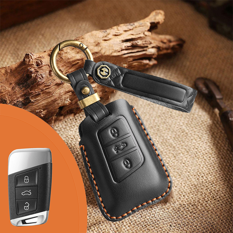 Genuine Leather Key Fob Cover for Volkswagen & Skoda – 3-5 Button Flip Key Pouch with Key Ring & Hook