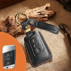 Genuine Leather Key Fob Cover for Volkswagen & Skoda – 3-5 Button Flip Key Pouch with Key Ring & Hook
