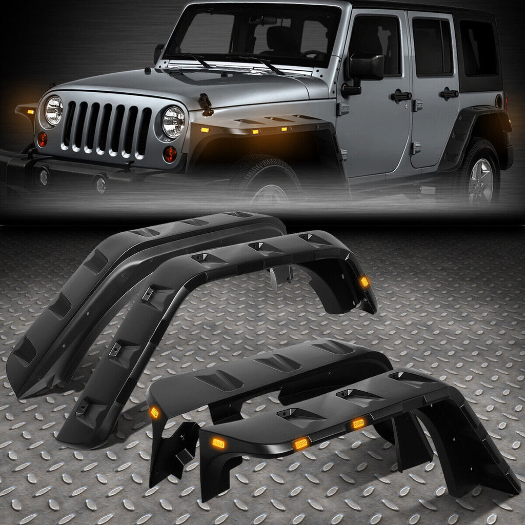 Front & Rear Fender Flares Kit for 2007–2018 Jeep Wrangler JK – 4-Piece Set with LED Lights