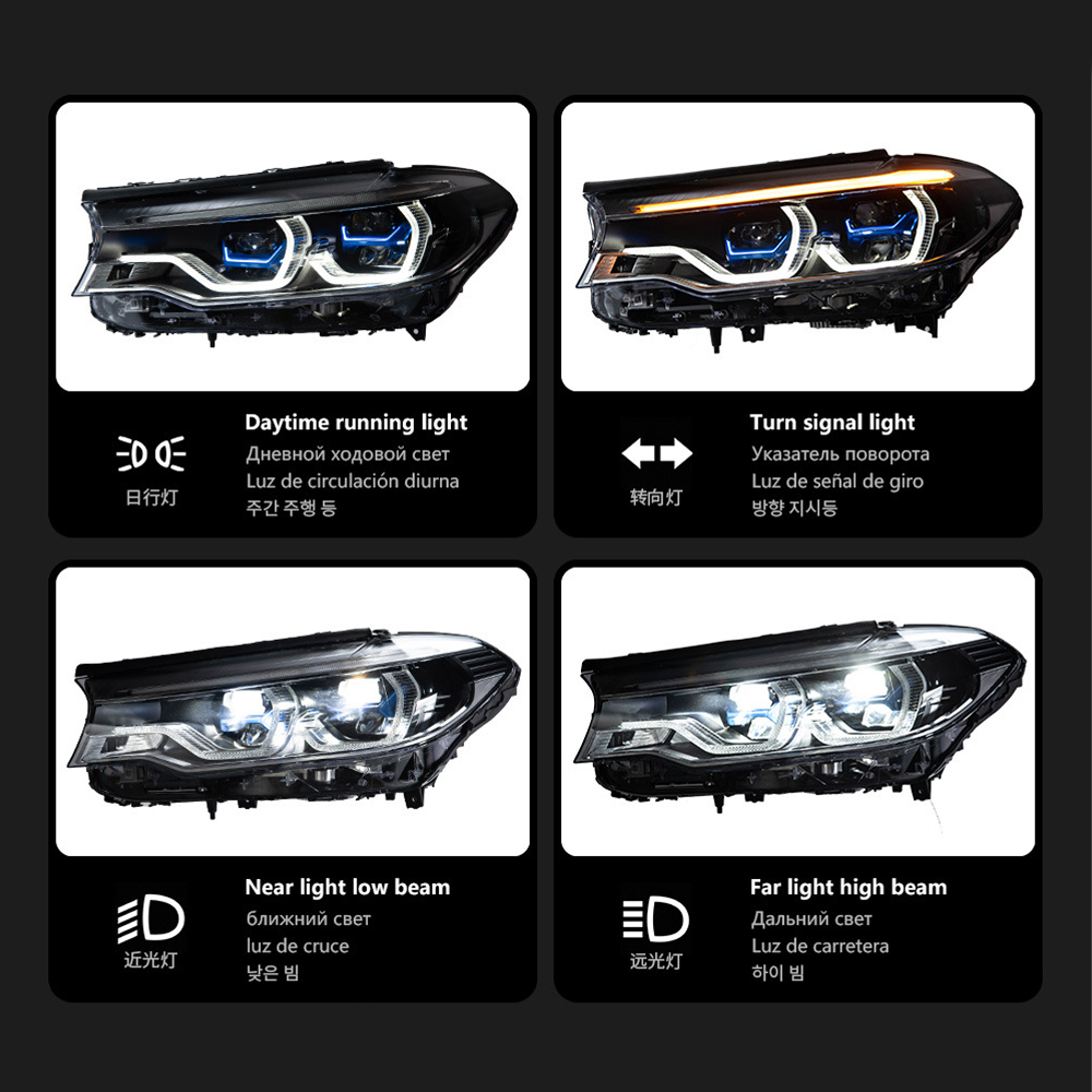 BMW 5 Series G30 LED Headlights (2018–2020) – Yellow & White DRL, Full Assembly