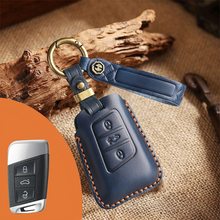 Load image into Gallery viewer, Genuine Leather Key Fob Cover for Volkswagen &amp; Skoda – 3-5 Button Flip Key Pouch with Key Ring &amp; Hook