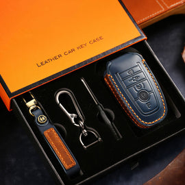 Premium Leather Key Fob Cover for Ford F150 F250 Mustang - Protective Case for 3/4/5 Button Remotes (Fits Bronco/Ranger/Edge)