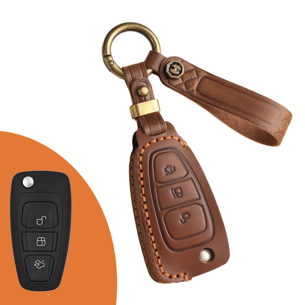 Genuine Leather Key Fob Case Compatible with Ford Focus, Fusion, Explorer, Escape, Edge, Mustang, F-150 to F-550
