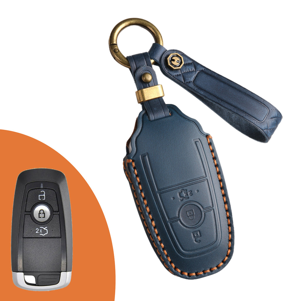 Genuine Leather Key Fob Case Compatible with Ford Focus, Fusion, Explorer, Escape, Edge, Mustang, F-150 to F-550
