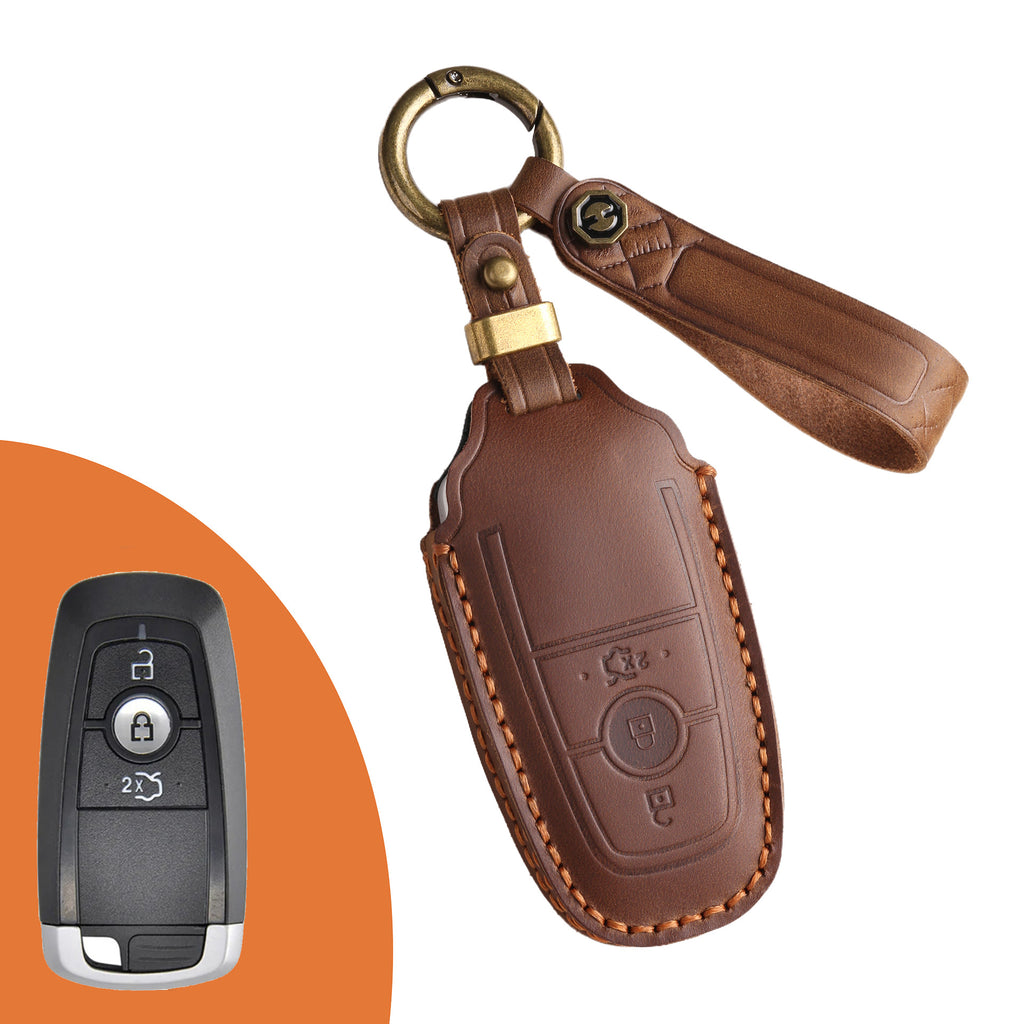 Genuine Leather Key Fob Case Compatible with Ford Focus, Fusion, Explorer, Escape, Edge, Mustang, F-150 to F-550
