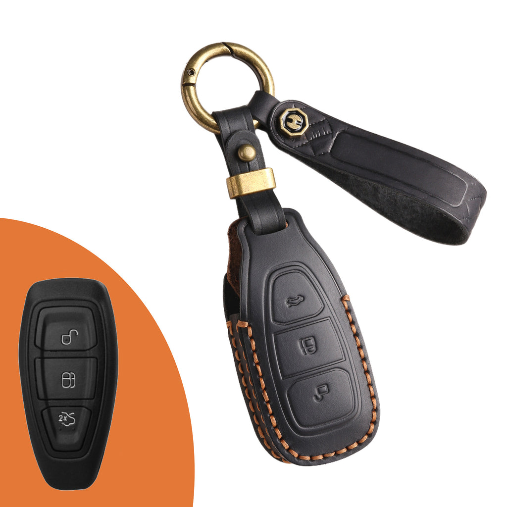 Genuine Leather Key Fob Case Compatible with Ford Focus, Fusion, Explorer, Escape, Edge, Mustang, F-150 to F-550