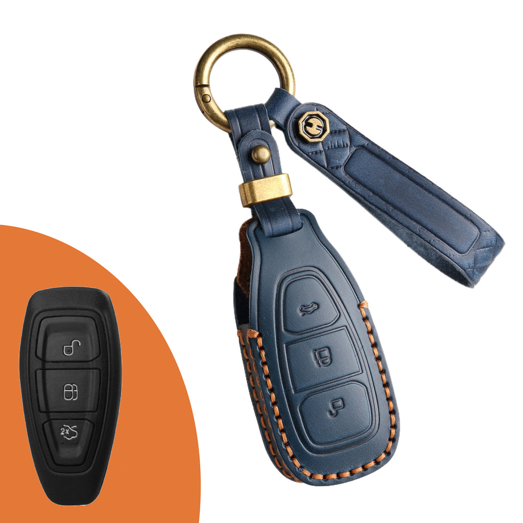Genuine Leather Key Fob Case Compatible with Ford Focus, Fusion, Explorer, Escape, Edge, Mustang, F-150 to F-550