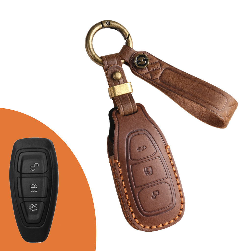 Genuine Leather Key Fob Case Compatible with Ford Focus, Fusion, Explorer, Escape, Edge, Mustang, F-150 to F-550