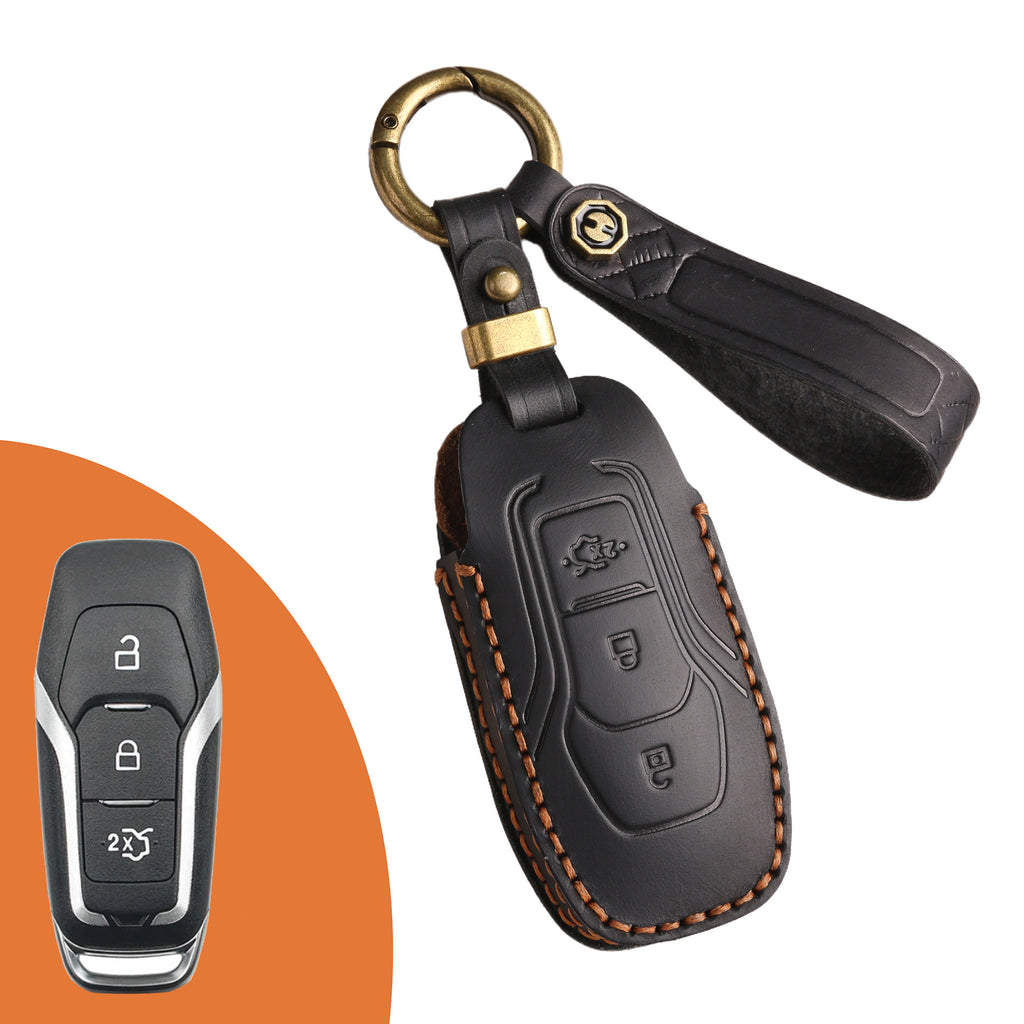 Genuine Leather Key Fob Case Compatible with Ford Focus, Fusion, Explorer, Escape, Edge, Mustang, F-150 to F-550
