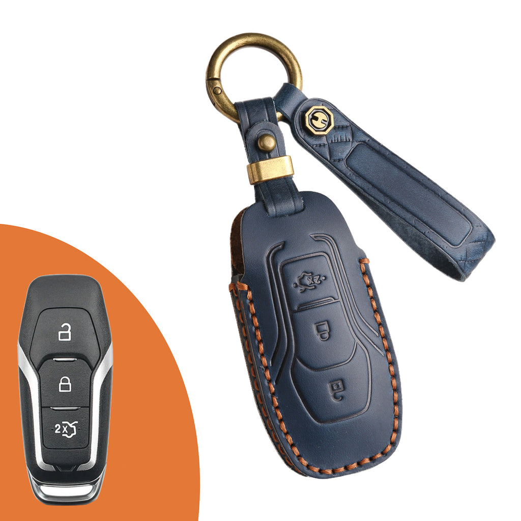 Genuine Leather Key Fob Case Compatible with Ford Focus, Fusion, Explorer, Escape, Edge, Mustang, F-150 to F-550