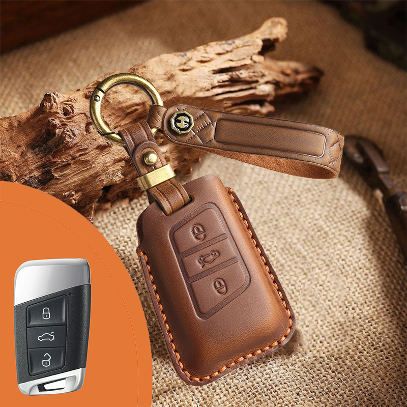 Genuine Leather Key Fob Cover for Volkswagen & Skoda – 3-5 Button Flip Key Pouch with Key Ring & Hook