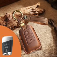 Load image into Gallery viewer, Genuine Leather Key Fob Cover for Volkswagen &amp; Skoda – 3-5 Button Flip Key Pouch with Key Ring &amp; Hook