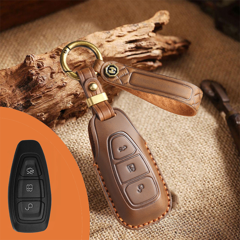 Genuine Leather Key Fob Case for Ford & Lincoln – 3-5 Button Car Key Pouch with Key Ring & Hook