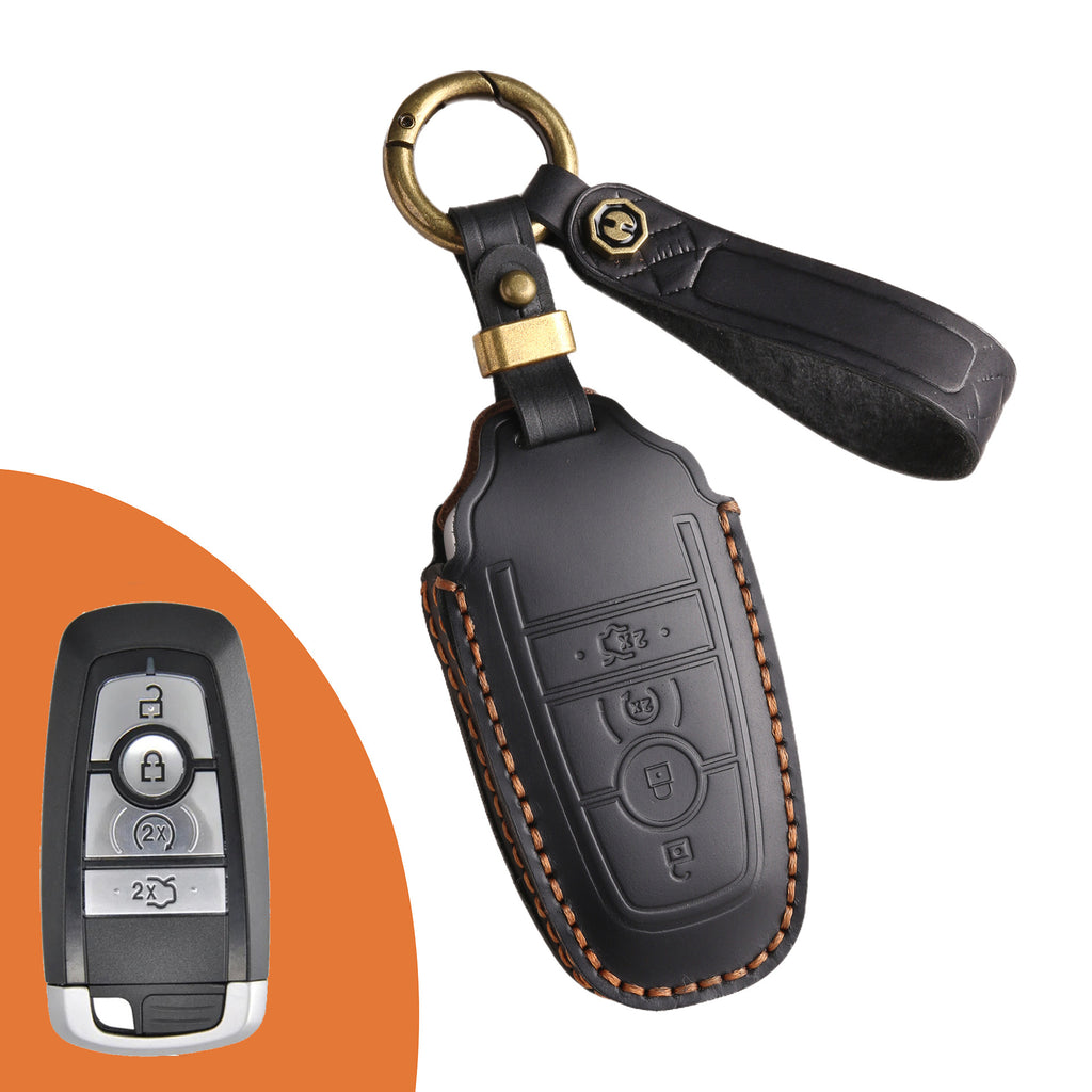 Genuine Leather Key Fob Case Compatible with Ford Focus, Fusion, Explorer, Escape, Edge, Mustang, F-150 to F-550