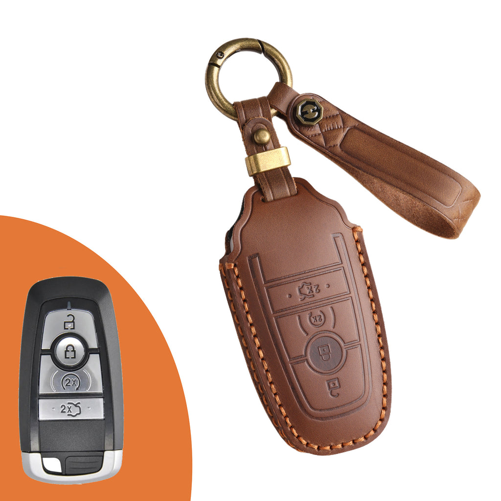 Genuine Leather Key Fob Case Compatible with Ford Focus, Fusion, Explorer, Escape, Edge, Mustang, F-150 to F-550