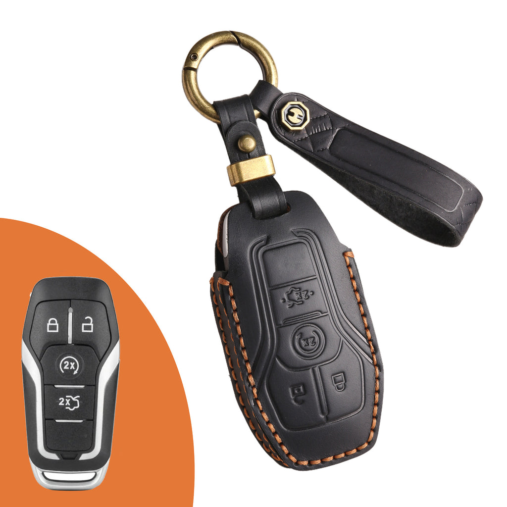 Genuine Leather Key Fob Case Compatible with Ford Focus, Fusion, Explorer, Escape, Edge, Mustang, F-150 to F-550