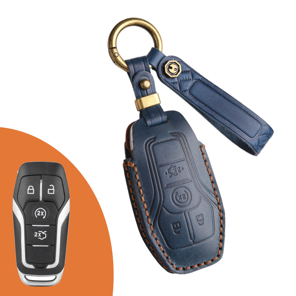 Genuine Leather Key Fob Case Compatible with Ford Focus, Fusion, Explorer, Escape, Edge, Mustang, F-150 to F-550