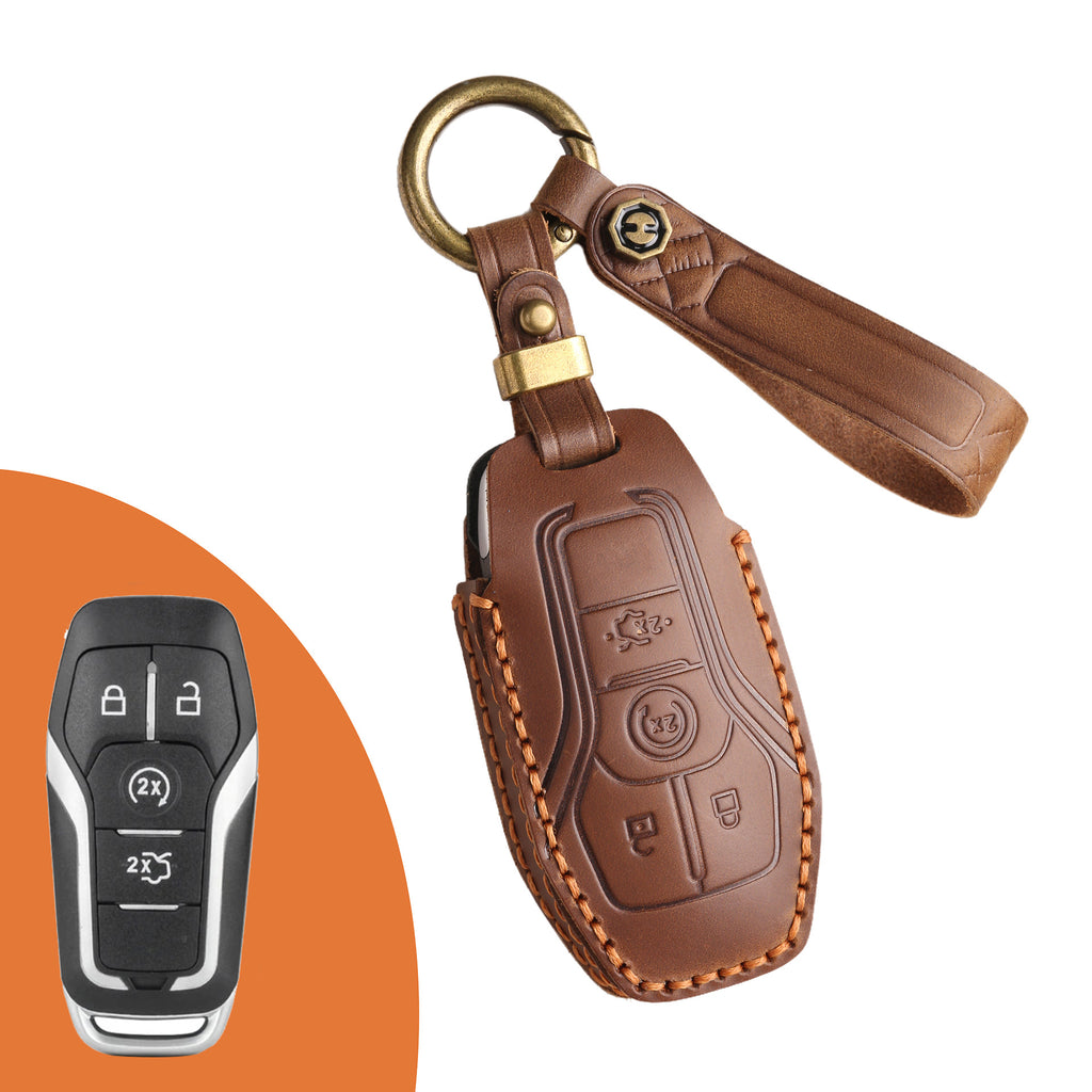 Genuine Leather Key Fob Case Compatible with Ford Focus, Fusion, Explorer, Escape, Edge, Mustang, F-150 to F-550