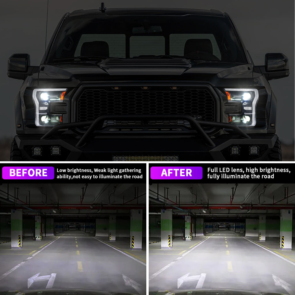 For Ford Raptor F-150 LED Dual Beam Projector Headlights 2015–2020 Sequential Turn Signal Plug and Play