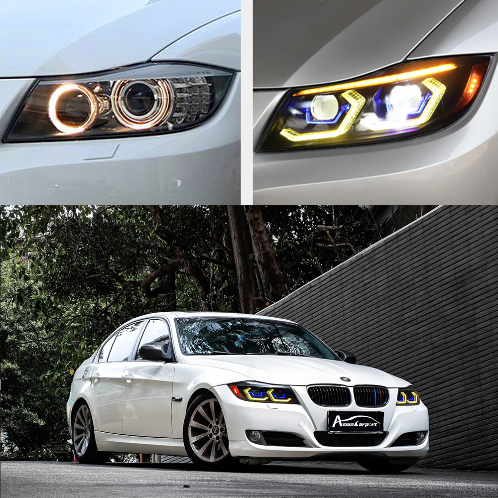 LED Headlights For 2005-2012 BMW E90 E91 3-Series Amber/White DRL HeadLamp
