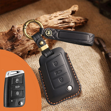 Load image into Gallery viewer, Genuine Leather Key Fob Cover for Volkswagen &amp; Skoda – 3-5 Button Flip Key Pouch with Key Ring &amp; Hook
