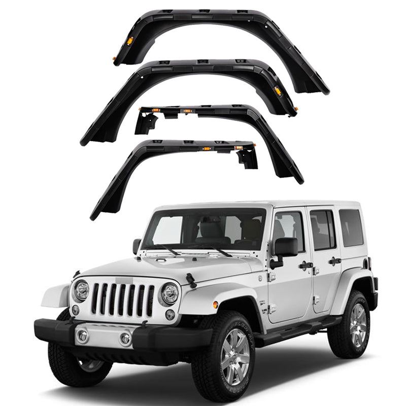 Front & Rear Fender Flares Kit for 2007–2018 Jeep Wrangler JK – 4-Piece Set with LED Lights