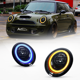 Compatible LED Projector Headlights for Mini Cooper R50 R52 R53 2001–2007 with Sequential Turn Signals and Dynamic DRL