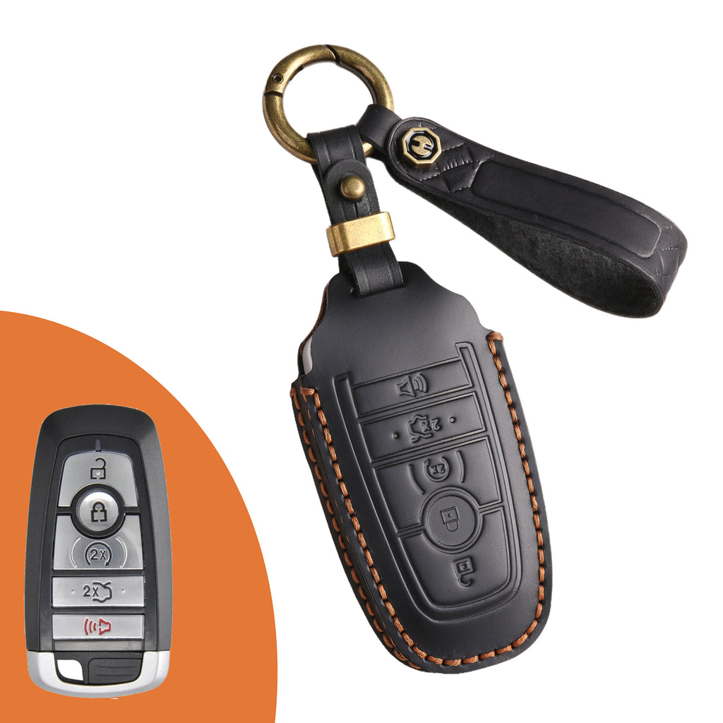 Genuine Leather Key Fob Case Compatible with Ford Focus, Fusion, Explorer, Escape, Edge, Mustang, F-150 to F-550