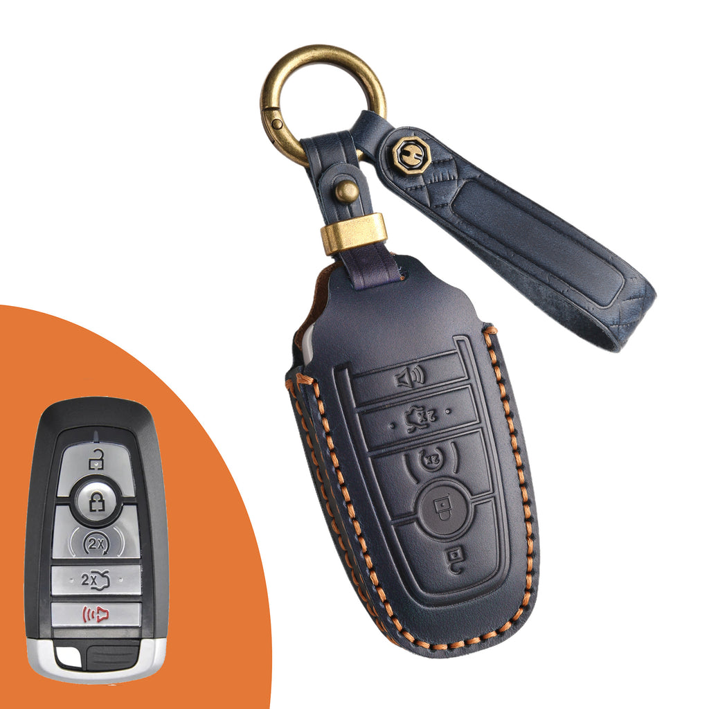 Genuine Leather Key Fob Case Compatible with Ford Focus, Fusion, Explorer, Escape, Edge, Mustang, F-150 to F-550