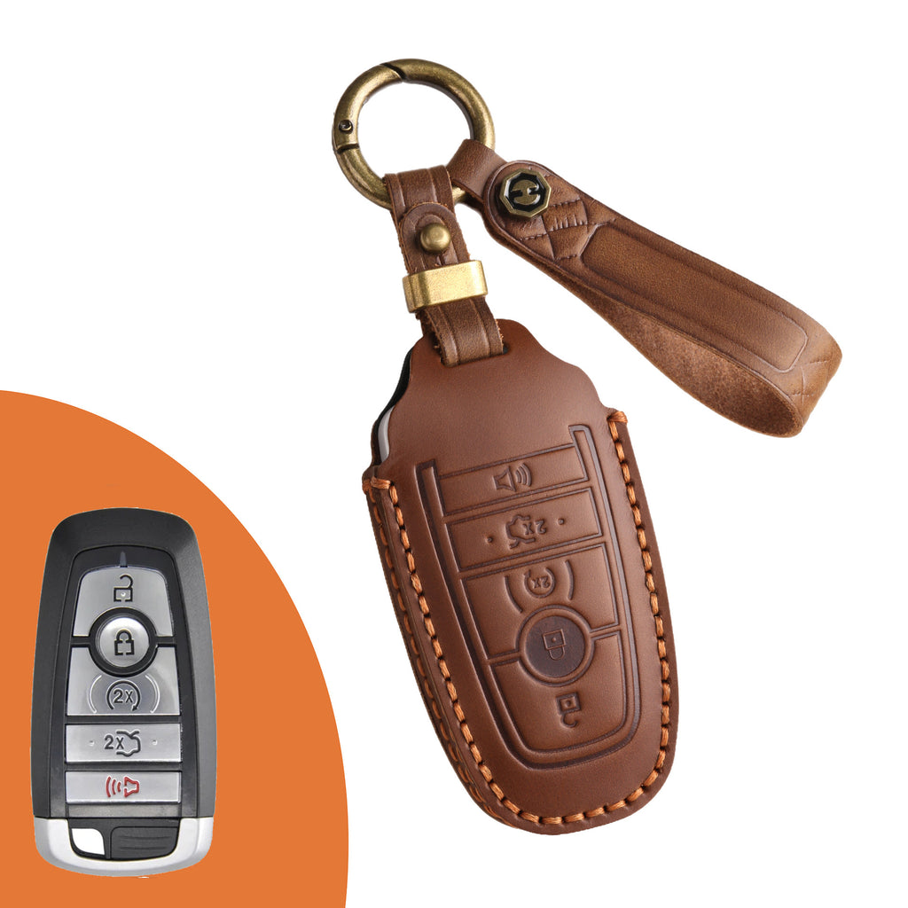 Genuine Leather Key Fob Case Compatible with Ford Focus, Fusion, Explorer, Escape, Edge, Mustang, F-150 to F-550