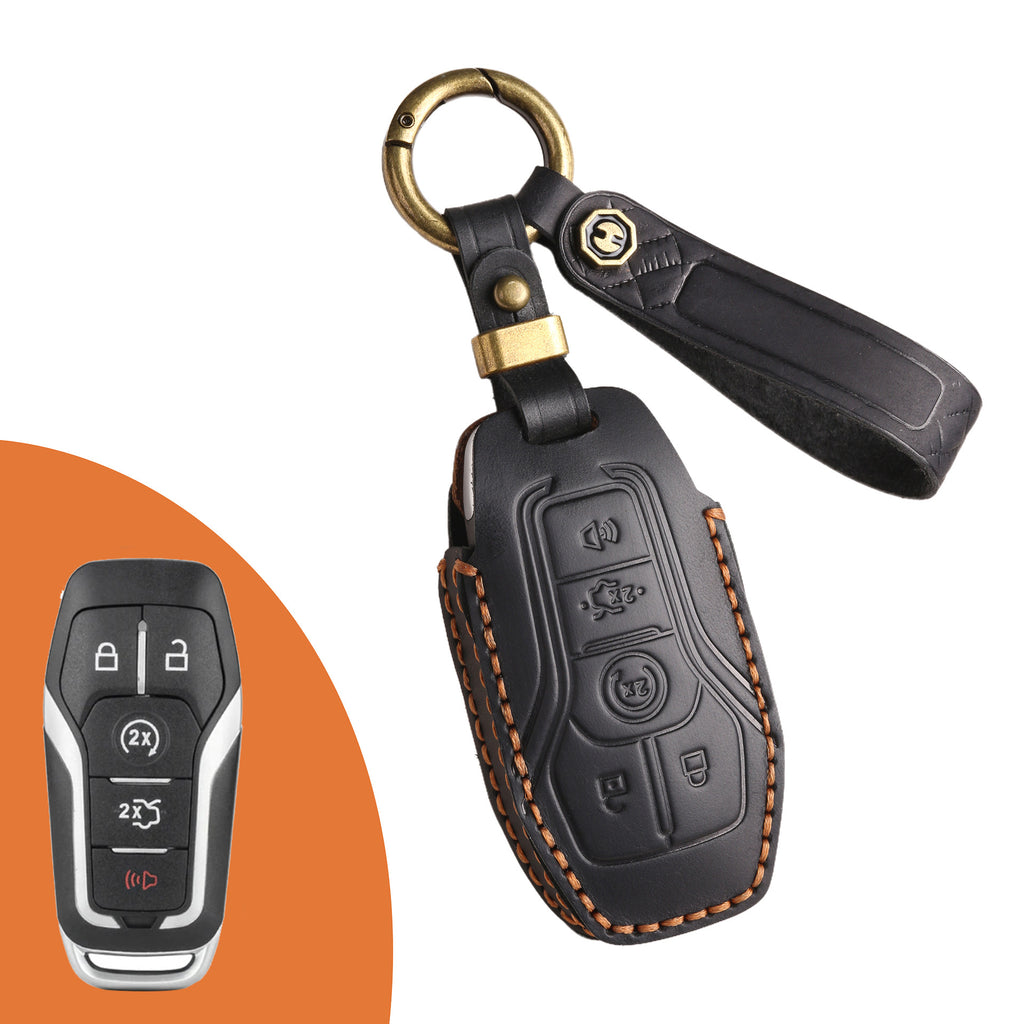 Genuine Leather Key Fob Case Compatible with Ford Focus, Fusion, Explorer, Escape, Edge, Mustang, F-150 to F-550