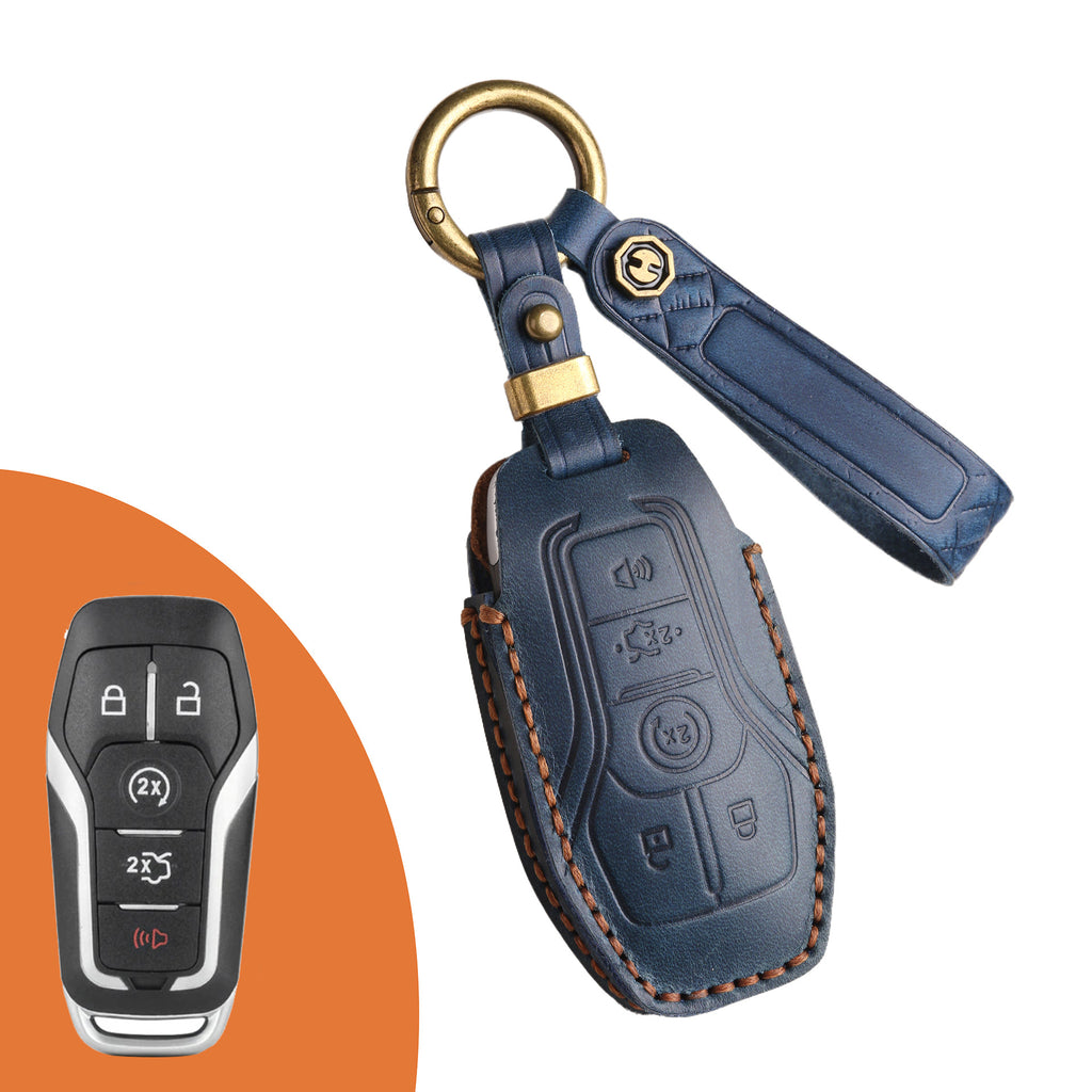 Genuine Leather Key Fob Case Compatible with Ford Focus, Fusion, Explorer, Escape, Edge, Mustang, F-150 to F-550