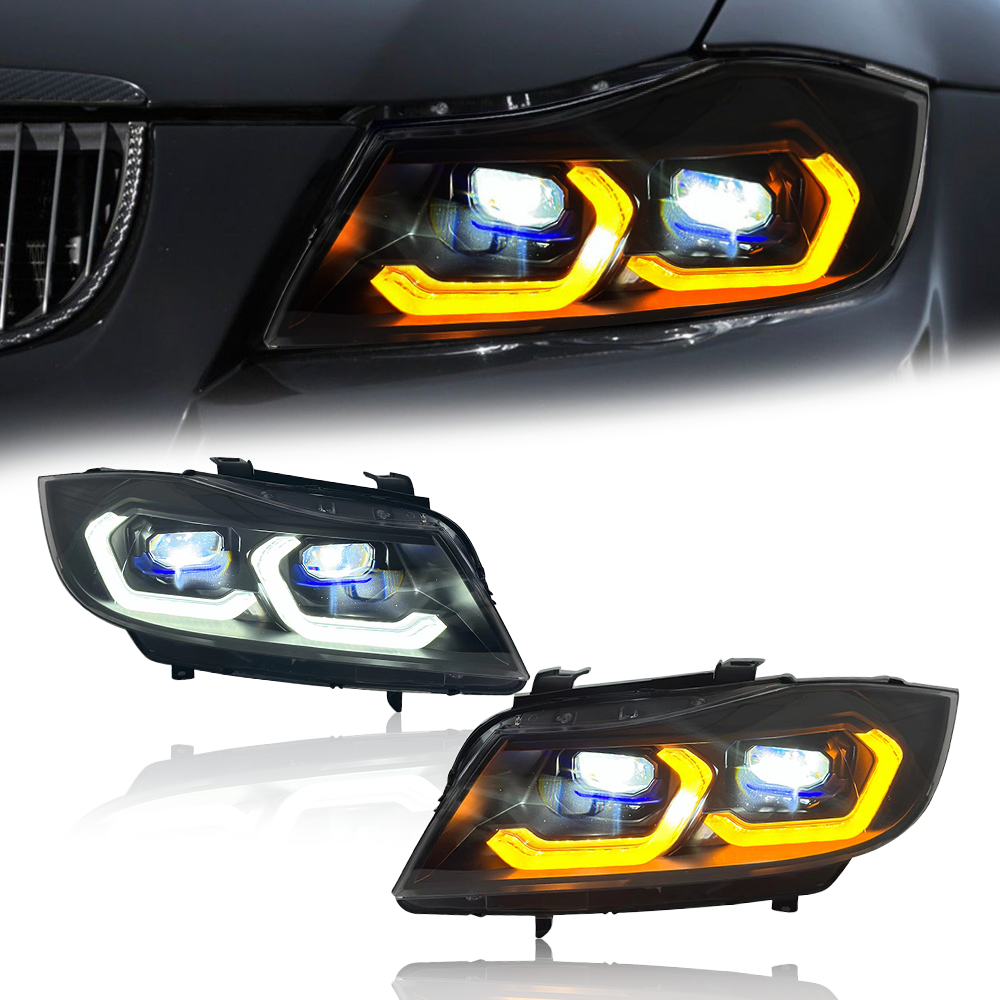 Laser Style LED Headlights for 2005–2012 BMW E90/E91 3 Series – Dual Projector with Amber/White DRL