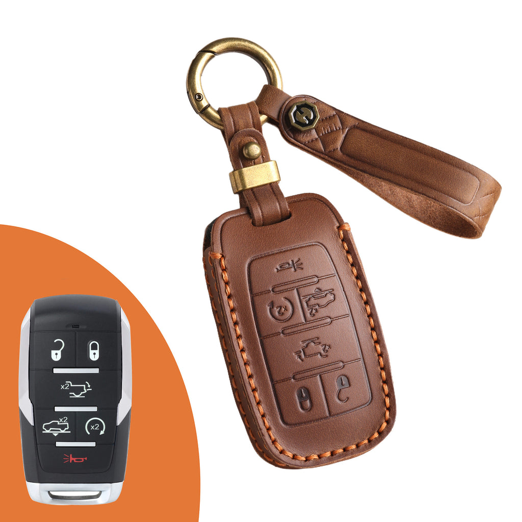 Genuine Leather Key Fob Case Compatible with RAM 1500, 2500, 3500, 4500, 5500 Pickup Trucks