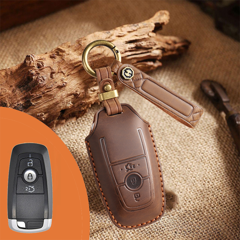 Genuine Leather Key Fob Case for Ford & Lincoln – 3-5 Button Car Key Pouch with Key Ring & Hook