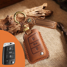 Load image into Gallery viewer, Genuine Leather Key Fob Cover for Volkswagen &amp; Skoda – 3-5 Button Flip Key Pouch with Key Ring &amp; Hook