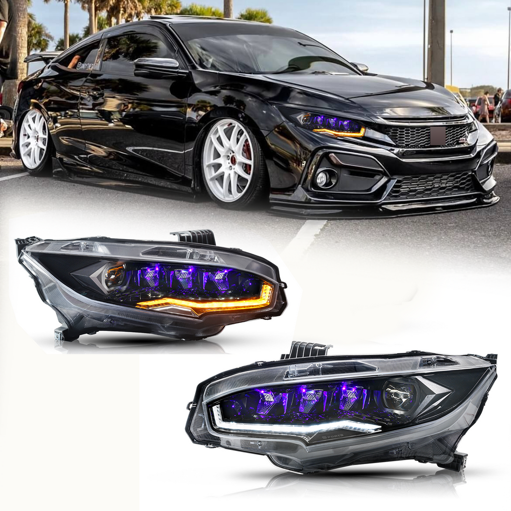 Diamond Lens Rotating LED headlights for Honda Civic 2016-2021 10th Gen Projector Front Lamp Assembly (Pair)