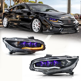 Diamond Lens Rotating LED headlights for Honda Civic 2016-2021 10th Gen Projector Front Lamp Assembly (Pair)