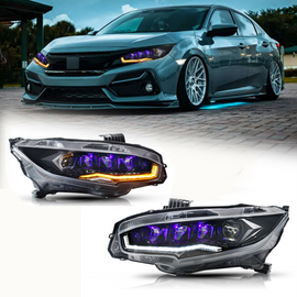Diamond Lens Rotating LED headlights for Honda Civic 2016-2021 10th Gen Projector Front Lamp Assembly (Pair)